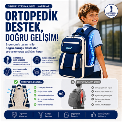Su Geçirmez Ortopedik Erkek Çocuk Okul Çantası – Mavi
