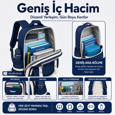 Su Geçirmez Ortopedik Erkek Çocuk Okul Çantası – Mavi