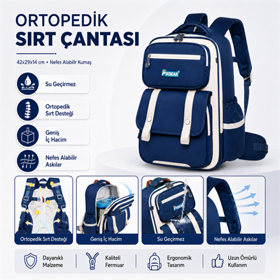 Su Geçirmez Ortopedik Erkek Çocuk Okul Çantası – Mavi