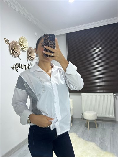 triko garnili taş detaylı poplin gömlek