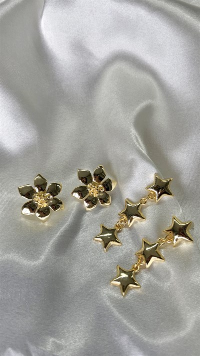 Kadın Gold Renk 2'li Çiçek Küpe ve Sallantılı Yıldız Küpe Seti