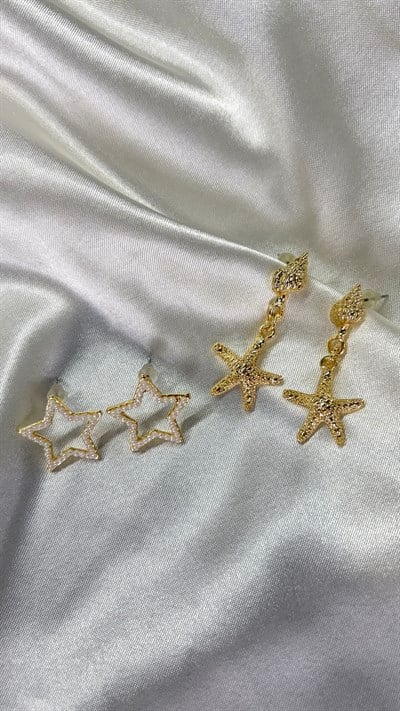 Kadın Gold Renk 2'li İncili Yıldız ve Sallantılı Deniz Yıldızı Küpe