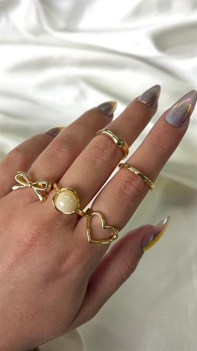 Kadın Gold Renk 5'li Fiyonk Kalp Yüzük Seti