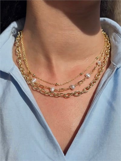 Kadın Gold Renk İncili Geçirmeli Zincirli 3'lü Çelik Kolye