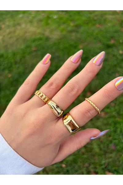 Kadın Minimal & Kalın Gold Yüzük Seti
