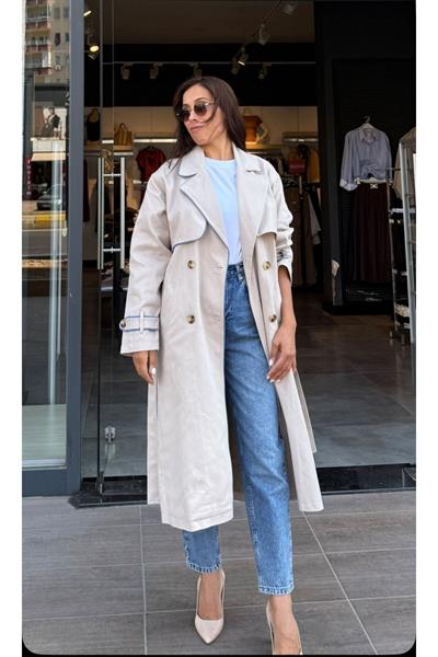 Kadın Midi Boy Yaka Kot Şeritli Bej Trench Mont