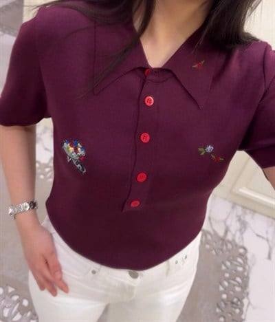 Mürdüm Polo yaka nakışlı triko