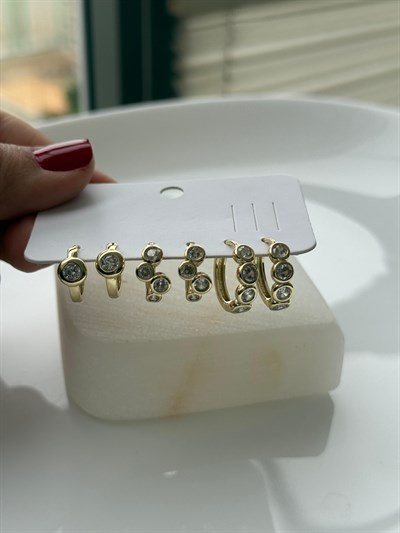 14k Altın Kaplama Daire Taşlı 6lı Set Küpe