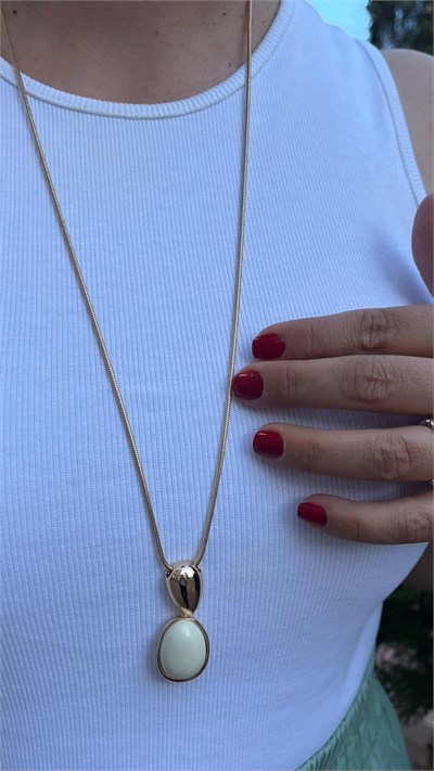 14k Altın Kaplama Ekru Damla Taşlı Asansör Zincirli Kolye 90cm