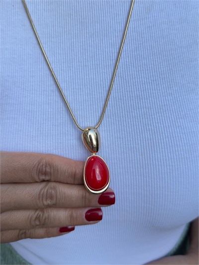 14k Altın Kaplama Kırmızı Damla Taşlı Asansör Zincirli Kolye 90cm
