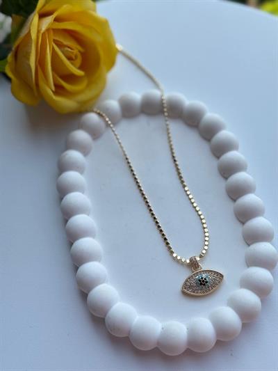 Çelik 14K Ezme Pul Zincirli Nazarlı Göz Kolye(45cm)