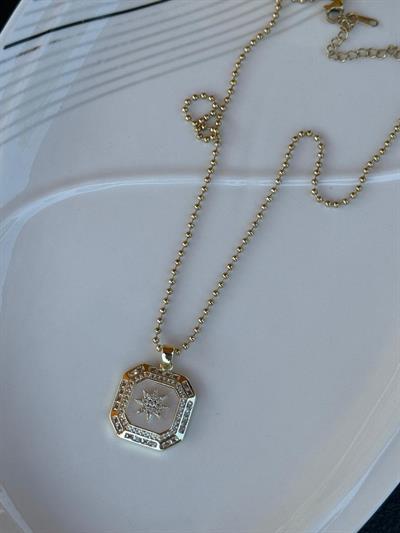 Çelik 14k Kare Sedefli Yıldız Detaylı Kolye (45cm)