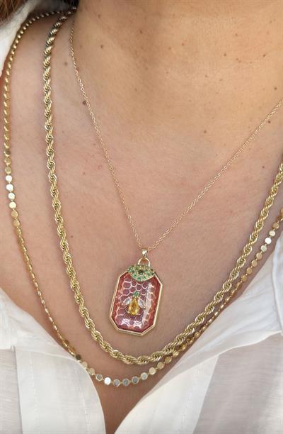 Çelik 14k Pembe Taşlı Arı Figürlü Kolye Kombini