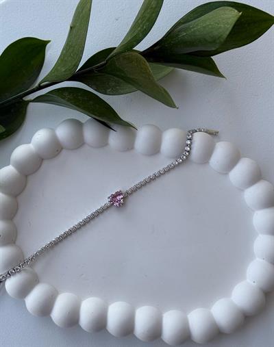 Çelik Gri İnce Pembe Kalpli Bileklik