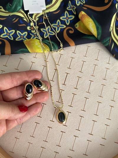 Çelik Kolye Minimal Vintage Siyah Küpe Kombini