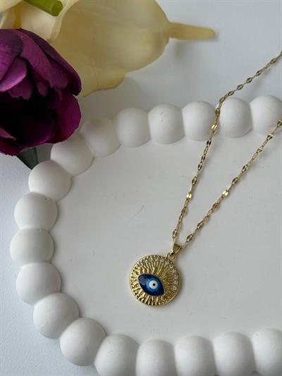 Çelik Mavi Göz Taşlı Madalyon Kolye