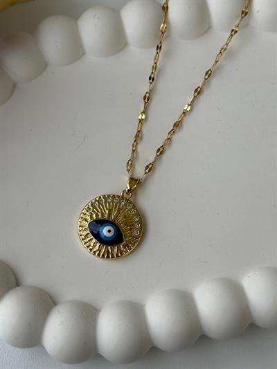 Çelik Mavi Göz Taşlı Madalyon Kolye