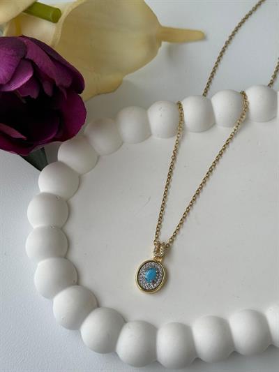 Çelik Turkuaz Taşlı Oval Kolye