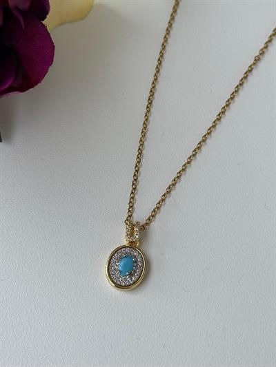 Çelik Turkuaz Taşlı Oval Kolye