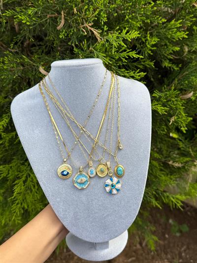 Çelik Turkuaz Taşlı Oval Kolye