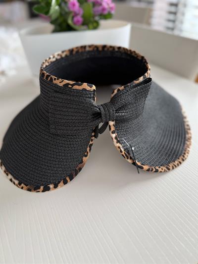 Leopar Biyeli Üstü Açık Hasır Vizör Şapka-SİYAH