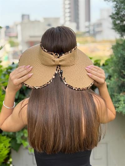 Leopar Biyeli Üstü Açık Hasır Vizör Şapka-Camel