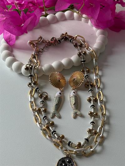 Özel Seri 2li Kolye ve Balıklı Küpe Kombini