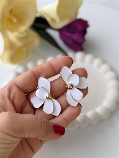 Özel Seri 5 Yapraklı Çiçek Küpe-Beyaz