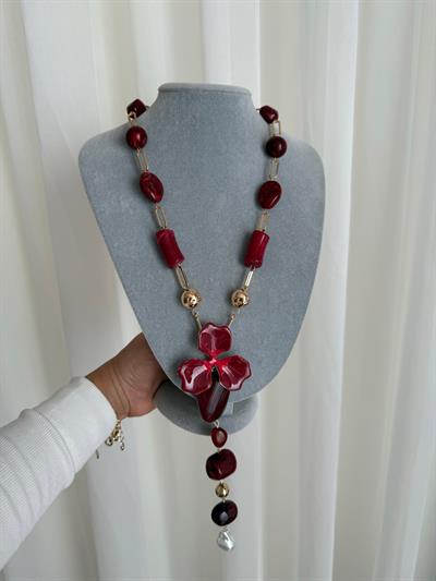 Özel Seri Bordo Çiçek Kolye Kombini