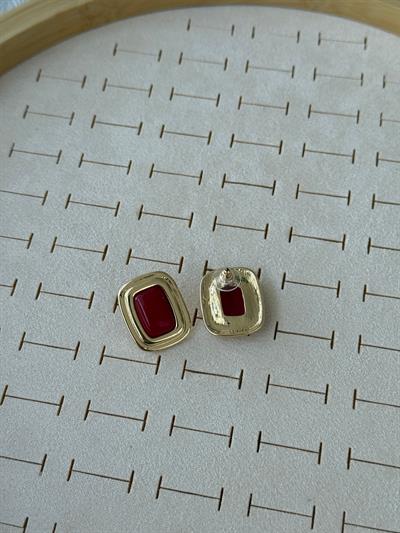 Özel Seri Bordo Taşlı Gold Plaka Küpe