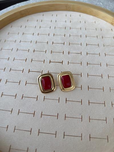 Özel Seri Bordo Taşlı Gold Plaka Küpe