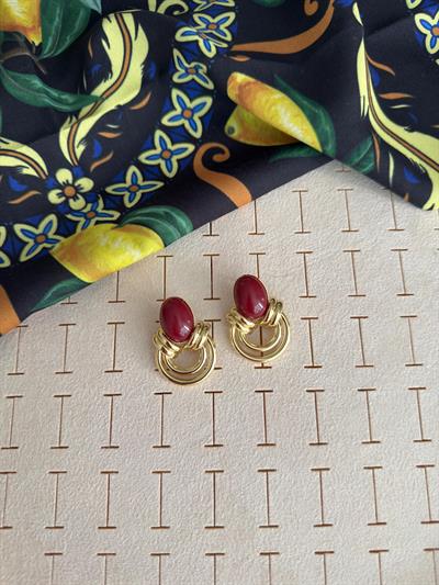 Özel Seri Gold Halkalı Bordo Vintage Küpe