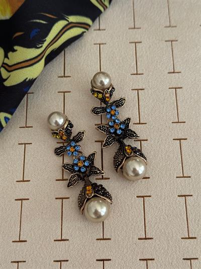 Özel Seri Gold Kenarlı İnci Sallantılı Vintage Küpe