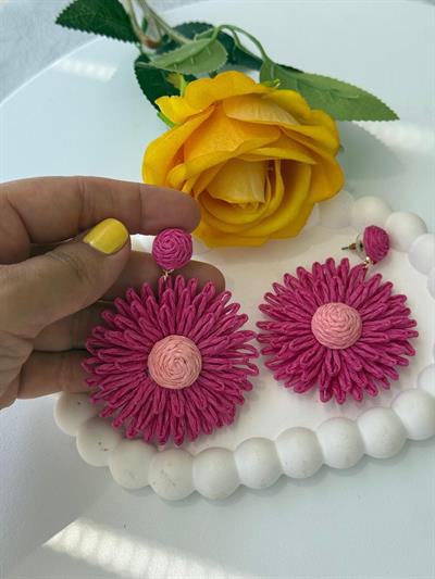 Özel Seri Hasır Fuşya Pembe Küpe
