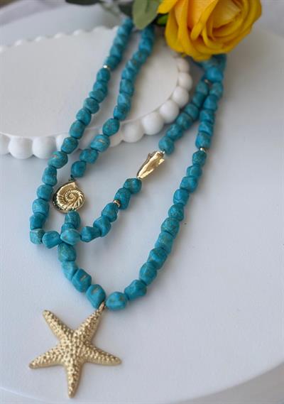 Özel Seri İki Sıralı Turkuaz Taşlı Kolye