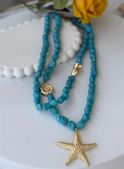 Özel Seri İki Sıralı Turkuaz Taşlı Kolye