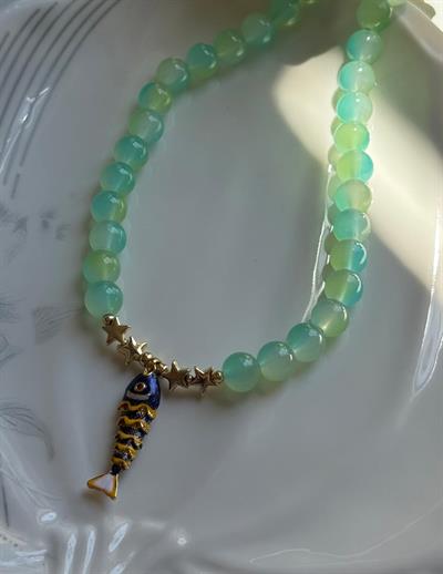 Özel Seri Yeşil Boncuklu Lacivert Balık Figürlü Kolye