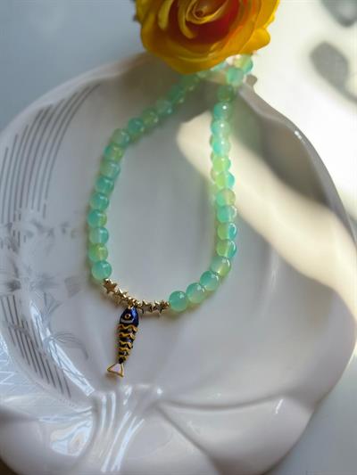 Özel Seri Yeşil Boncuklu Lacivert Balık Figürlü Kolye