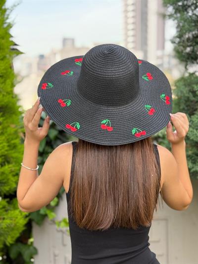 Siyah Kiraz İşlemeli Hasır  Şapka