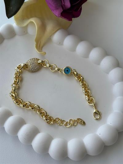 Vip 14K Zirkon Taş Düğmeli Nazarlı Bileklik