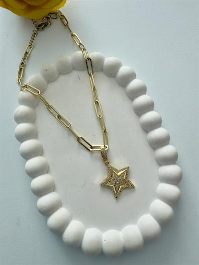 Vip 14k Ataç Zincir Taşlı Yıldız Charmlı Kolye (45cm)