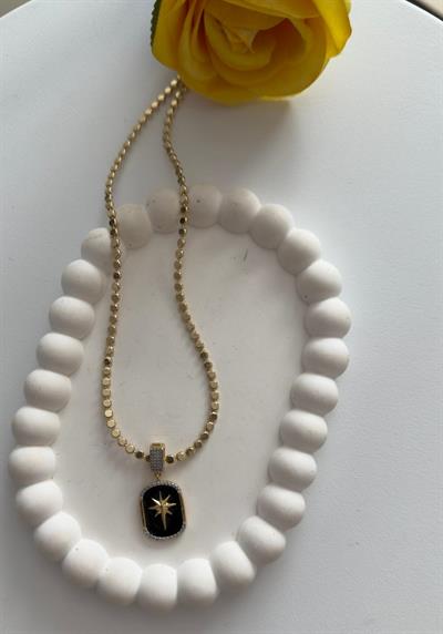 Vip 14k Ezme Pul Zincirli Siyah Kutup Yıldızı Charmlı Kolye (45cm)