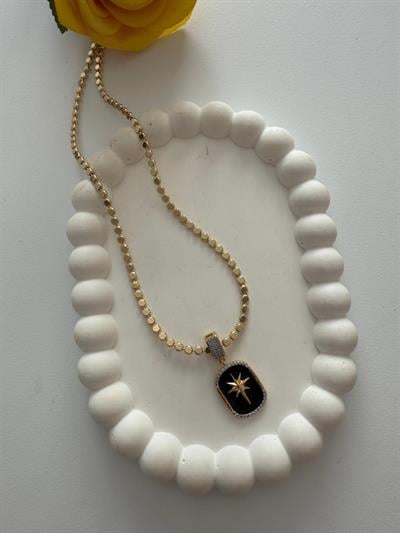 Vip 14k Ezme Pul Zincirli Siyah Kutup Yıldızı Charmlı Kolye (45cm)