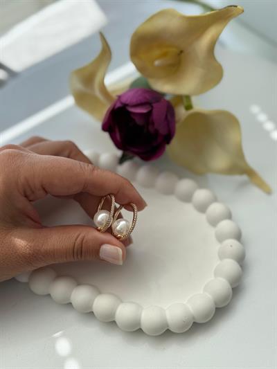 Vip 18k Zirkon Taşlı İncili Halka Küpe