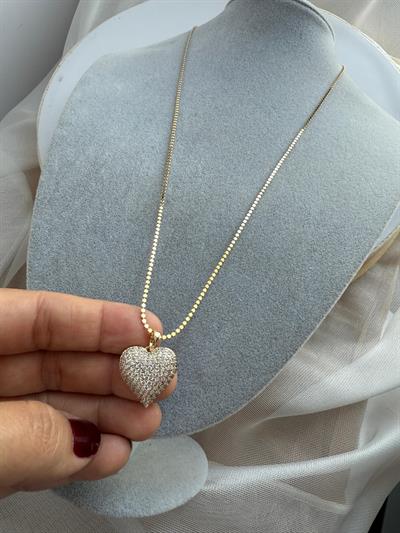 Vip Gold 60cm İnce Ezme Zincir Komple Zirkon Taşlı Kalp Kolye