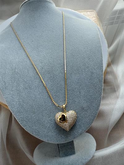 Vip Gold 60cm İnce Ezme Zincir Zirkon Taşlı Bombeli Kalp Kolye
