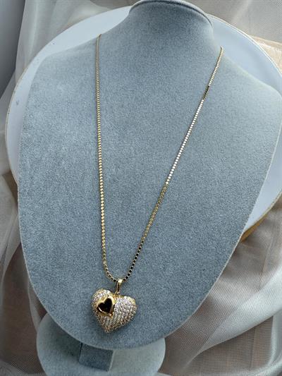 Vip Gold 60cm İnce Ezme Zincir Zirkon Taşlı Bombeli Kalp Kolye