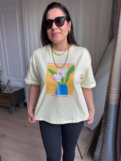 Bisiklet Yaka  Çiçek Desenli Pamuklu T-Shirt Sarı