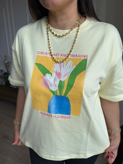 Bisiklet Yaka  Çiçek Desenli Pamuklu T-Shirt Sarı