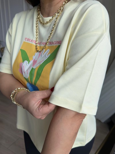 Bisiklet Yaka  Çiçek Desenli Pamuklu T-Shirt Sarı